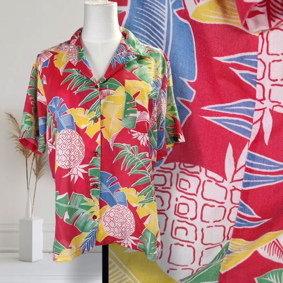 Vintage Pineapple Print Casual Shirt Size L Red Tropical Rayon Blend Button Down - Picture 1 of 12